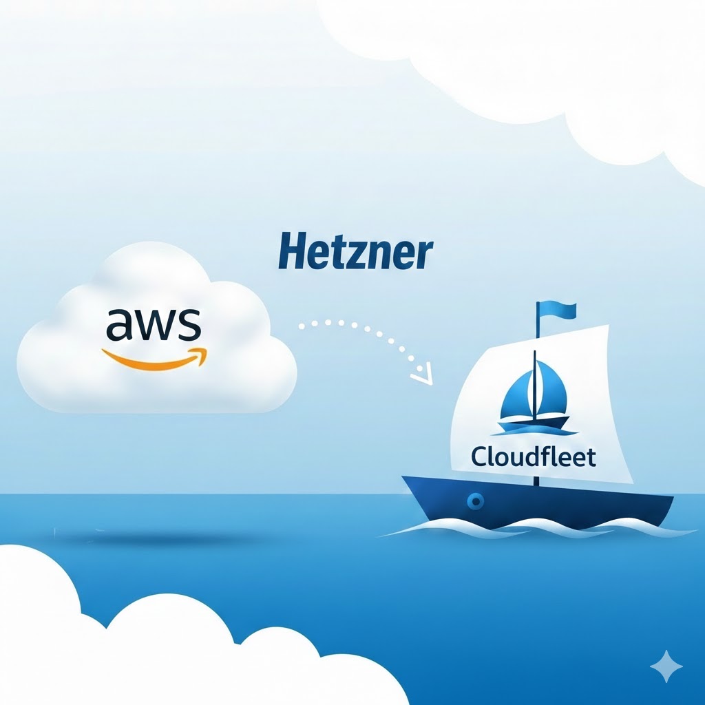 Illustration showing an arrow from AWS to Cloudfleet and Hetzner